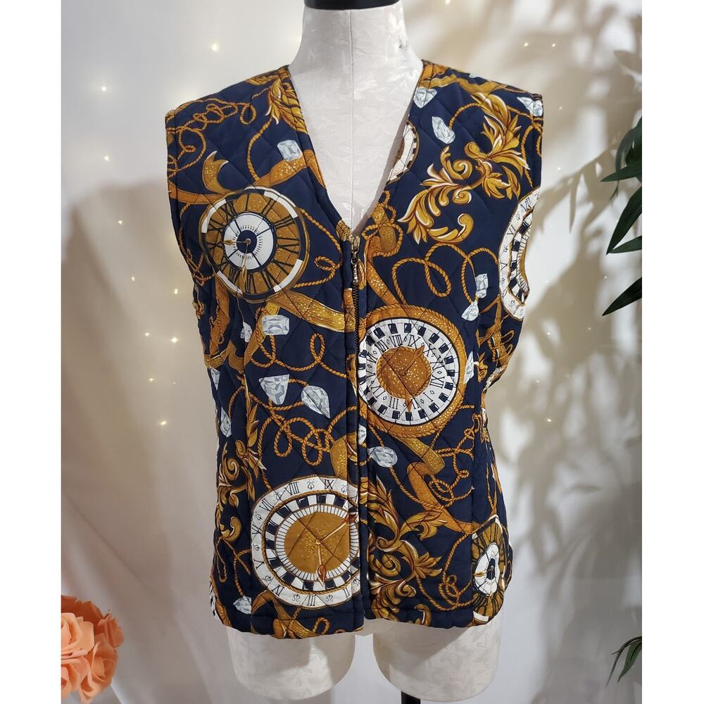 Vtg August Silk Nautical Quilted Zip Vest Womens Size 10 Silk Coastal Old Money